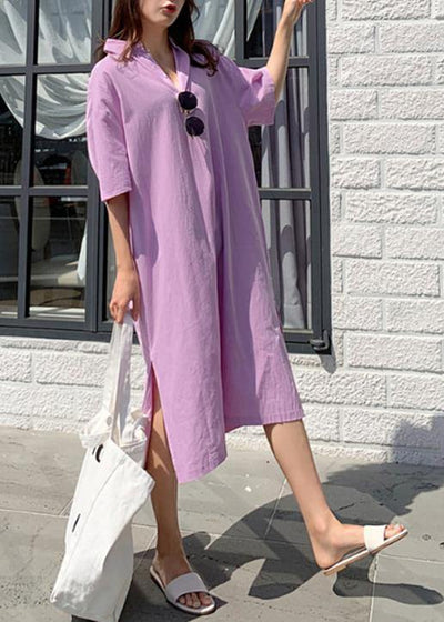 Modern v neck side open linen cotton clothes For Women Shirts purple Dress - bagstylebliss