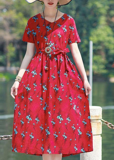 Modern v neck tie waist linen cotton clothes Work red print Dress summer - bagstylebliss