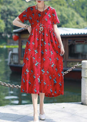 Modern v neck tie waist linen cotton clothes Work red print Dress summer - bagstylebliss