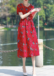 Modern v neck tie waist linen cotton clothes Work red print Dress summer - bagstylebliss