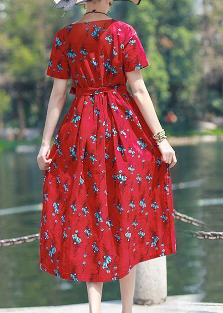 Modern v neck tie waist linen cotton clothes Work red print Dress summer - bagstylebliss