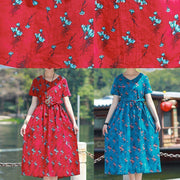 Modern v neck tie waist linen cotton clothes Work red print Dress summer - bagstylebliss