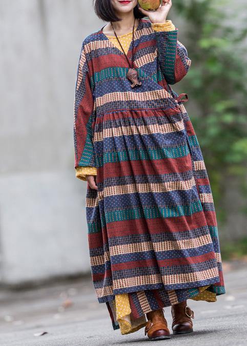 Modern v neck tie waist linen cotton dresses Shirts multicolor striped Dress spring - bagstylebliss