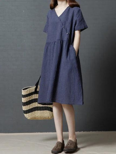 Modern v neck Cinched cotton dress Shirts navy plaid Dress - bagstylebliss