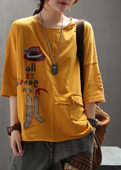 Modern yellow cotton clothes For Women Organic Embroidery Letter Summer Drop Shoulder Sleeve T-Shirt - bagstylebliss