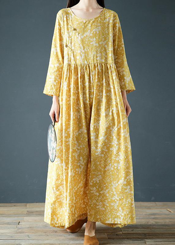 Modern yellow print dresses o neck Chinese Button robes fall Dress - bagstylebliss