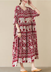 Mulberry Elephant Print Chiffon Long Dress wrinkled Half Sleeve