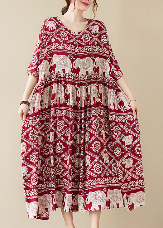 Mulberry Elephant Print Chiffon Long Dress wrinkled Half Sleeve