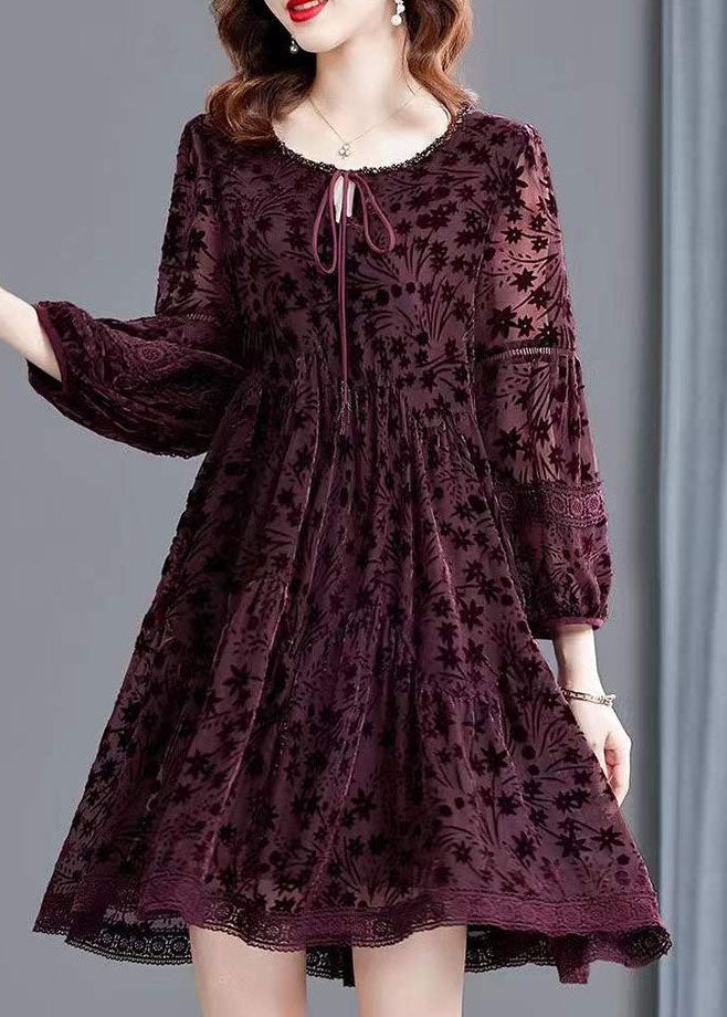 Mulberry-Spitze-Patchwork-Seide-Velours-Kleid Frühling