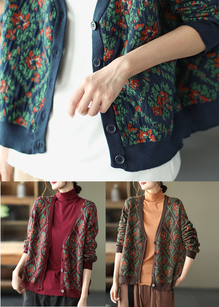 Mulberry Print Knit Loose Cardigan V Neck Button Spring