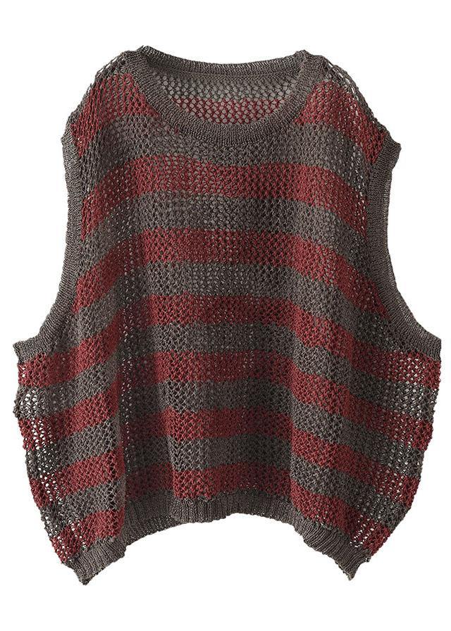 Mulberry Striped Hollow Out Summer Linen Tank Sleeveless - bagstylebliss