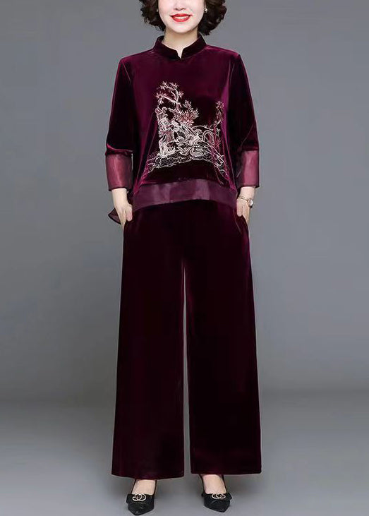Mulberry Tops And Pants Velour Two Piece Set Embroidered Fall