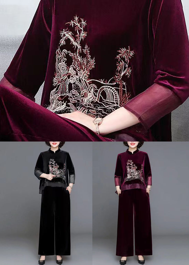 Mulberry Tops And Pants Velour Two Piece Set Embroidered Fall