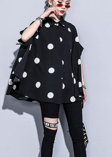 Mu black dotted chiffon clothes For Women 18th Century Catwalk lapel Art Summer Dress - bagstylebliss