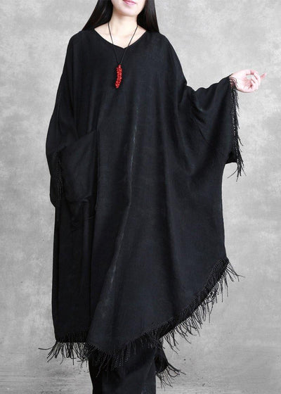 Black Tasseled Silk Linen Cape Dress Caftans Plus Size outfits - bagstylebliss