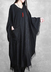 Black Tasseled Silk Linen Cape Dress Caftans Plus Size outfits - bagstylebliss