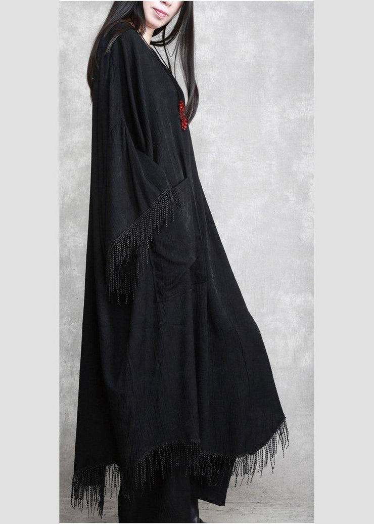 Black Tasseled Silk Linen Cape Dress Caftans Plus Size outfits - bagstylebliss