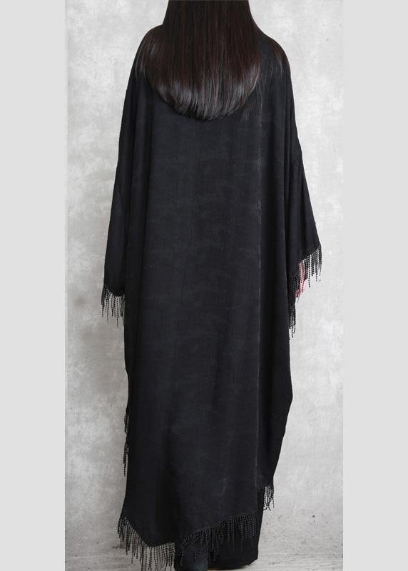 Black Tasseled Silk Linen Cape Dress Caftans Plus Size outfits - bagstylebliss