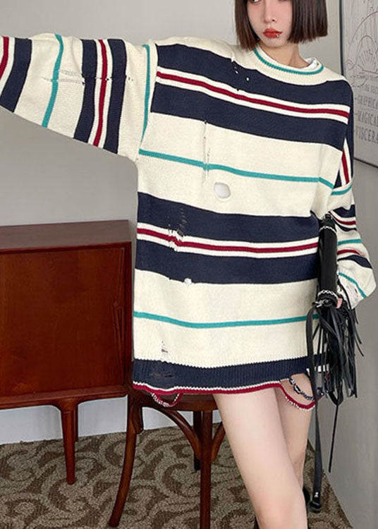 Natural Beige Loose Striped Patchwork Fall Knit Sweater