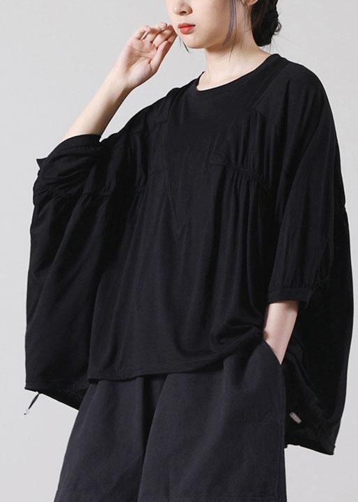 Natural Black Batwing Sleeve Cotton Summer Short Sleeve Tops - bagstylebliss