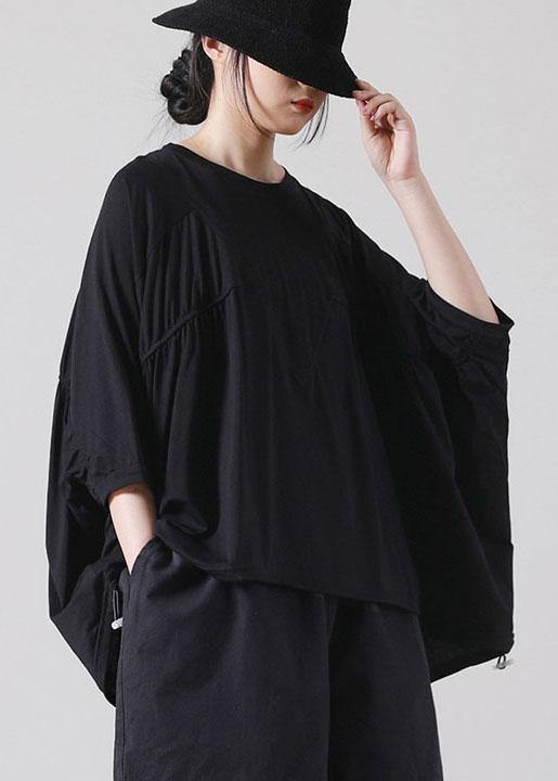 Natural Black Batwing Sleeve Cotton Summer Short Sleeve Tops - bagstylebliss