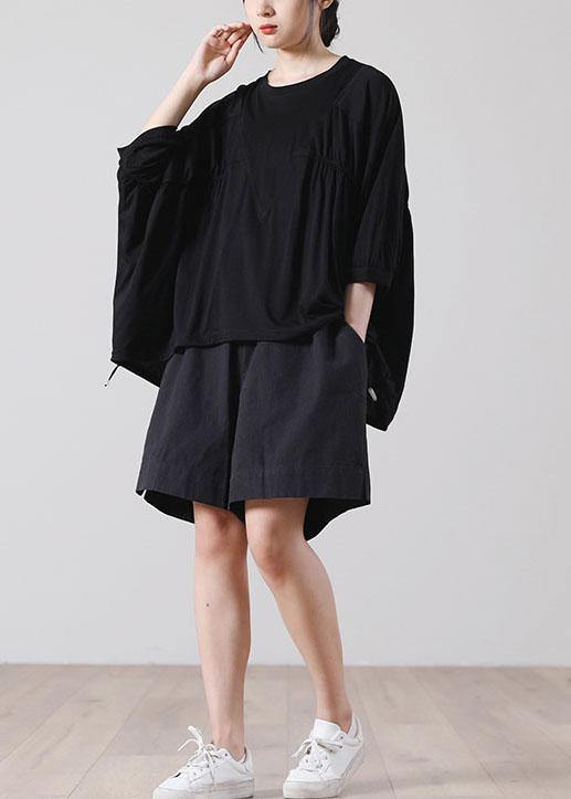 Natural Black Batwing Sleeve Cotton Summer Short Sleeve Tops - bagstylebliss