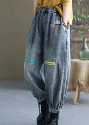 Natural Black Casual Elastic Waist Pockets Fall Denim Pants