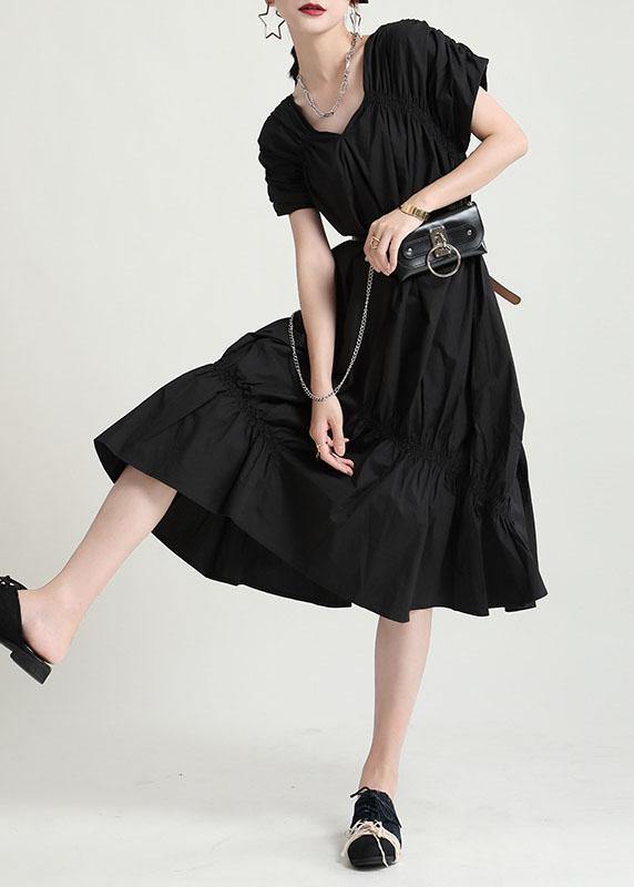 Natural Black Cotton V Neck Asymmetrical Design Summer Vacation Dress Short Sleeve - bagstylebliss