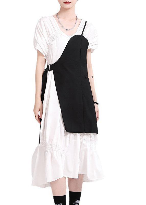 Natural Black Cotton V Neck Asymmetrical Design Summer Vacation Dress Short Sleeve - bagstylebliss