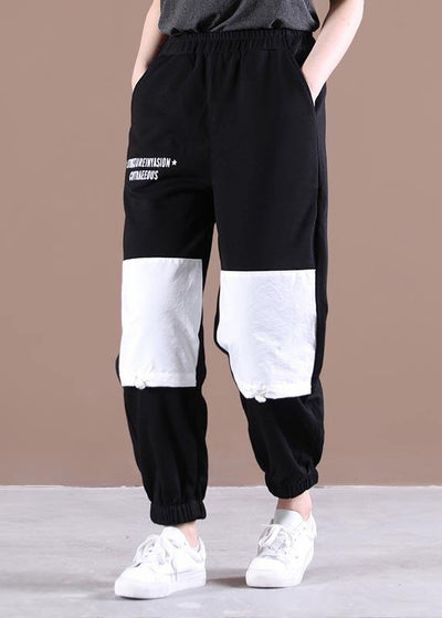 Natural Black Elastic Waist Patchwork Pants Summer Cotton - bagstylebliss