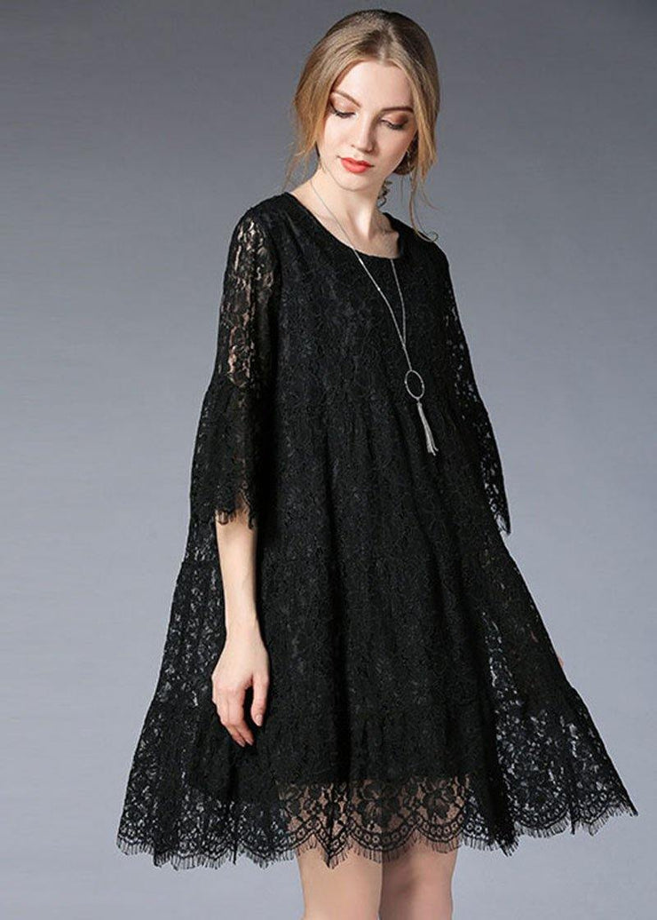 Natural Black Flare Sleeve Hollow Out Spring Holiday Dress - bagstylebliss
