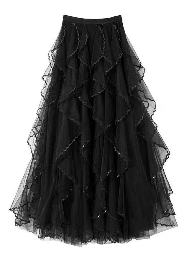 Natural Black High Waist Ruffled Patchwork Tulle Skirts Spring