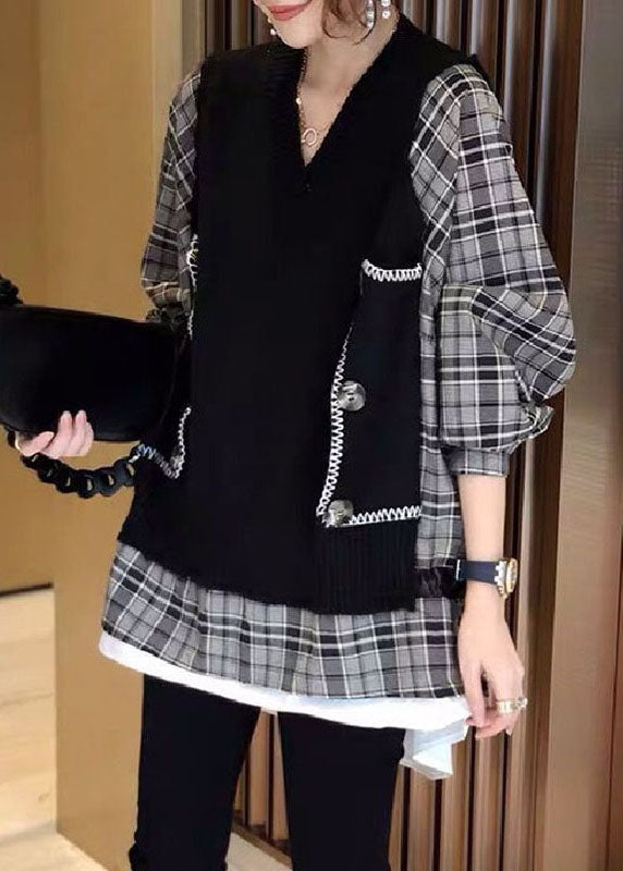 Natural Black Knit Patchwork Plaid Loose Fall Knit Sweater