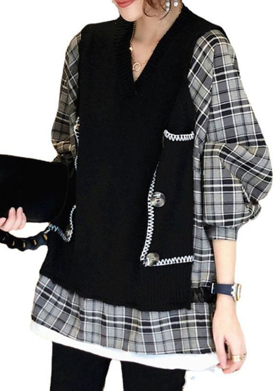 Natural Black Knit Patchwork Plaid Loose Fall Knit Sweater