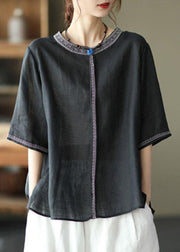 Natural Black O-Neck Embroideried Summer Ramie Blouses Half Sleeve - bagstylebliss