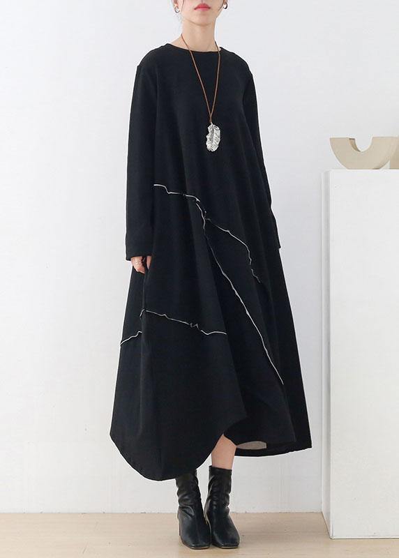 Natural Black O-Neck Patchwork Fall Knit Dress Long Sleeve - bagstylebliss