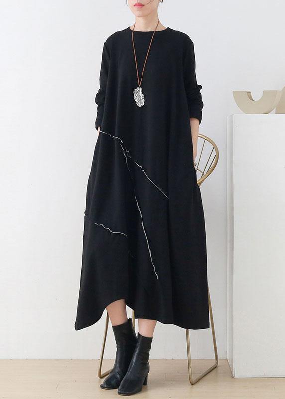Natural Black O-Neck Patchwork Fall Knit Dress Long Sleeve - bagstylebliss