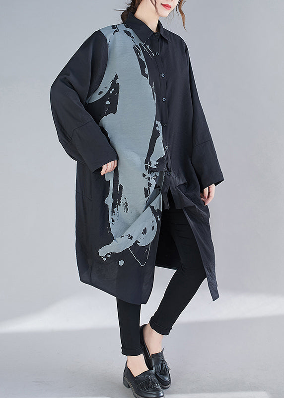 Natural Black Oversized Print Cotton Maxi Dresses Fall