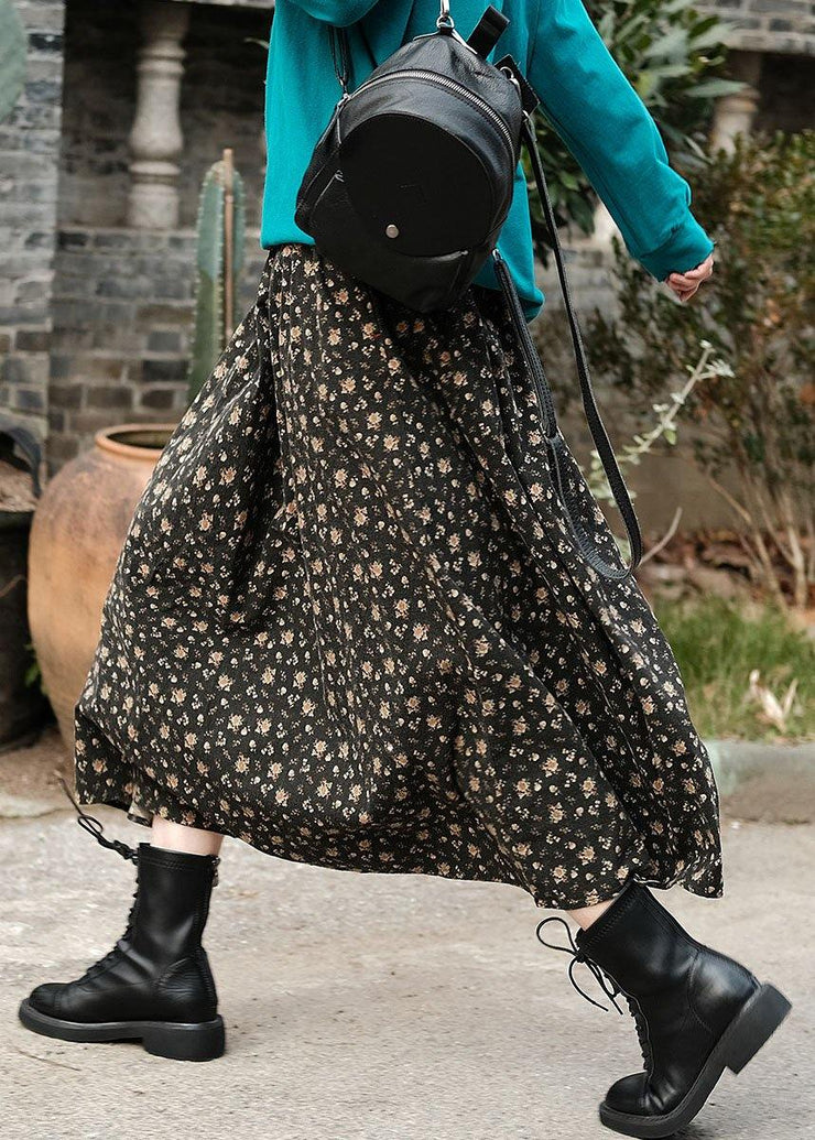 Natural Black Patchwork Print A Line Skirts Cotton Fall - bagstylebliss