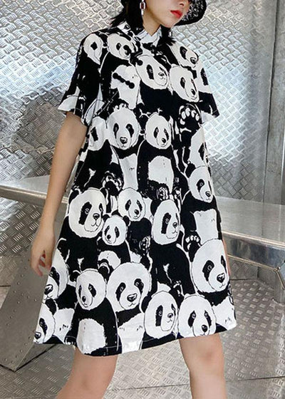 Natural Black Print A Line Long Dress Short Sleeve Cotton Summer - bagstylebliss