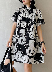 Natural Black Print A Line Long Dress Short Sleeve Cotton Summer - bagstylebliss