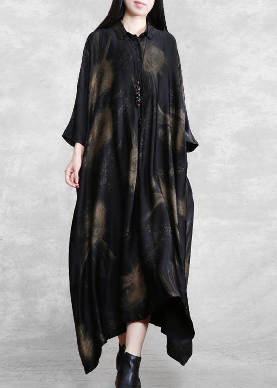 Natural Black Print Dresses Lapel Asymmetric Plus Size Spring Dresses - bagstylebliss