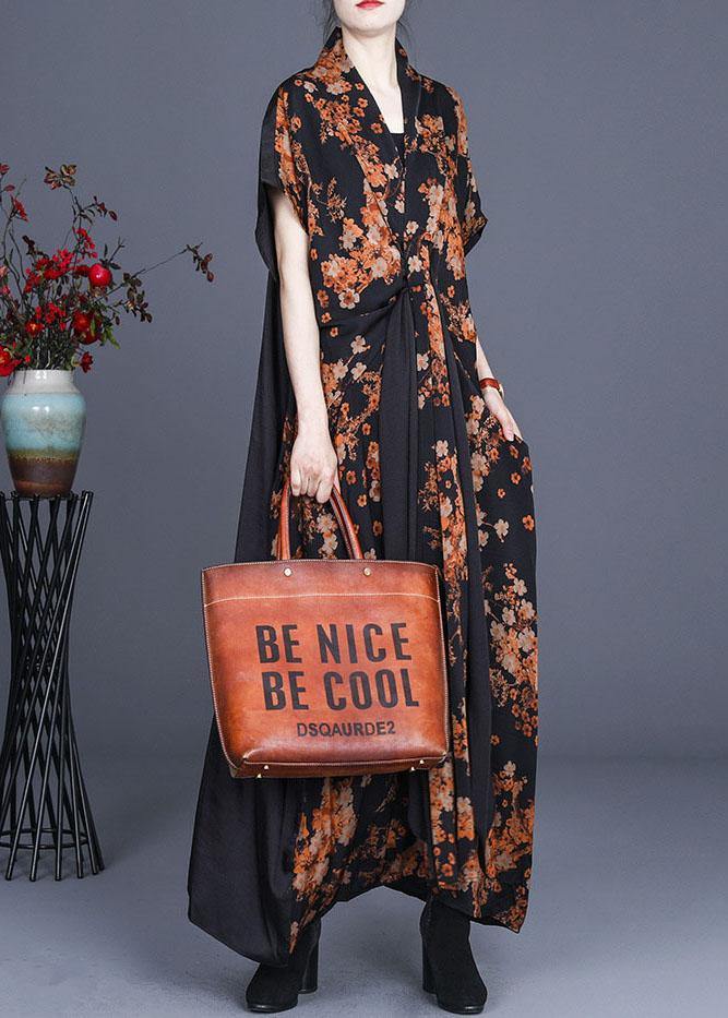 Natural Black Print Patchwork Silk Summer Maxi Dress - bagstylebliss