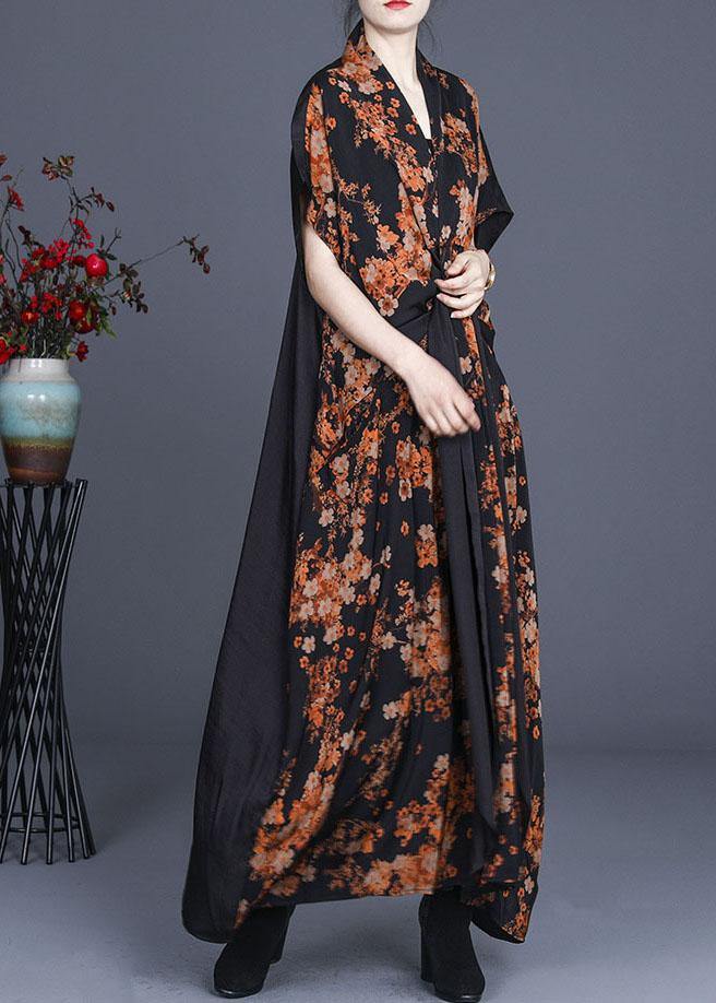 Natural Black Print Patchwork Silk Summer Maxi Dress - bagstylebliss