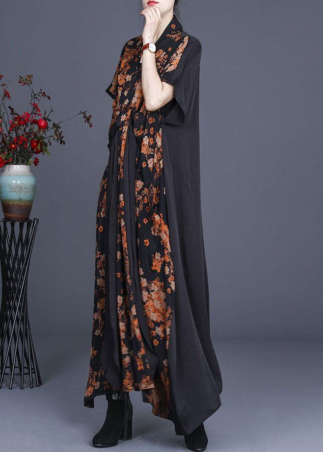 Natural Black Print Patchwork Silk Summer Maxi Dress - bagstylebliss