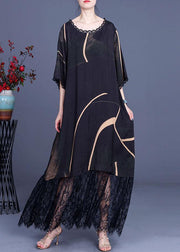 Natural Black Silk Print Patchwork Lace Vacation Dresses Summer - bagstylebliss