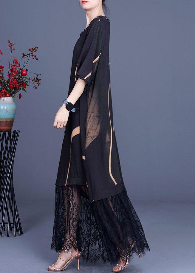 Natural Black Silk Print Patchwork Lace Vacation Dresses Summer - bagstylebliss