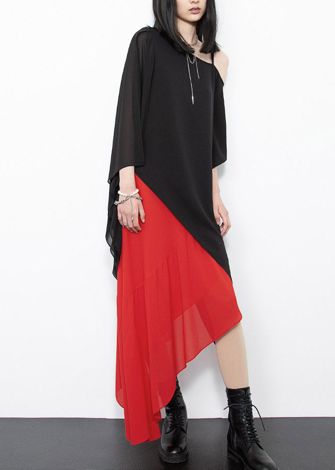 Natural Black Slash Neck Asymmetrical Chiffon Top Summer