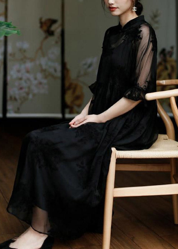 Natural Black Stand Collar Embroidered Floral Button Tulle Long Dress Half Sleeve