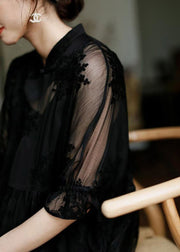 Natural Black Stand Collar Embroidered Floral Button Tulle Long Dress Half Sleeve